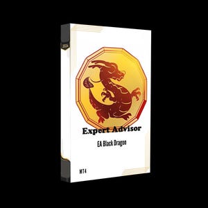 以下が含まれることがあります： 金色と赤色のドラゴンロゴが描かれた白い箱。箱には「Expert Advisor」と「EA Black Dragon」の文字が印刷されています。箱の下部には「MT4」の文字が印刷されています。