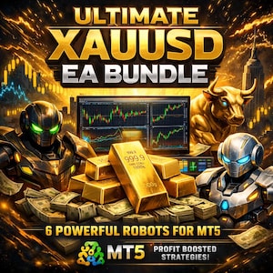 May include: A digital graphic titled ULTIMATE XAUUSD EA BUNDLE featuring gold bars, stacks of US dollar bills, two robotic figures with glowing eyes, a golden bull, and a computer monitor displaying financial trading charts for MT5.