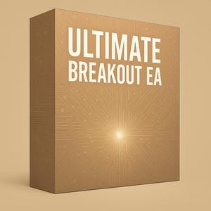 May include: A rectangular box with the words "ULTIMATE BREAKOUT EA" in white, bold font. The box is a light brown color with a circuit board design. A bright light emanates from the center of the box.