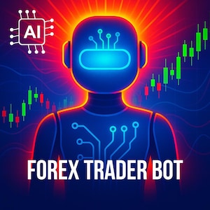 May include: A digital illustration of a robot with a glowing blue head and body, with the text "FOREX TRADER BOT" in white. The background features a stock market chart with green and red bars, and an AI chip.