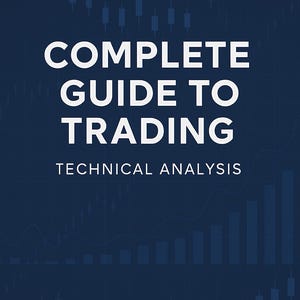 Peut inclure: Une couverture de livre bleu marine avec le titre "COMPLETE GUIDE TO TRADING" en grandes lettres blanches. En dessous, le texte "TECHNICAL ANALYSIS" est affiché. Le fond présente un motif de graphique boursier.