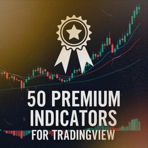 May include: An image with a dark background features a white ribbon with a star in the center, and a stock chart. The text reads "50 Premium Indicators for TradingView."