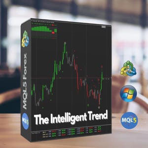 Puede incluir: Una caja negra con el texto "MQL5 Forex" y "The Intelligent Trend". La caja presenta un gráfico con líneas verdes y rojas, y el logotipo de Windows es visible.