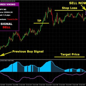 May include: A Forex trading chart with green and red lines indicating price fluctuations. The chart includes labels like "SELL NOW," "Stop Loss," and "Target Price." A purple box displays "FOREX VIKING" and trading details.