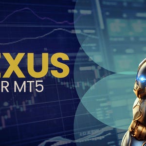 May include: The image displays the text "NEXUS EA FOR MT5" in yellow and white, with an arrow. A futuristic figure in gold and blue armour is on the right. The background has a dark blue gradient with financial data charts.