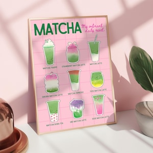 Cute Matcha Print | Vibrant Matcha drinks Art | Daily Reset Quote Poster | Trendy Kitchen Decor | Hand-drawn Digital Download Gift