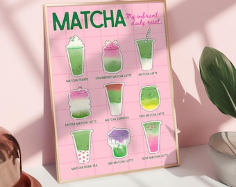 Cute Matcha Print | Aesthetic Kitchen Wall Art, Iced Matcha Drinks Digital Poster, Coffee Bar & Cafe Decor