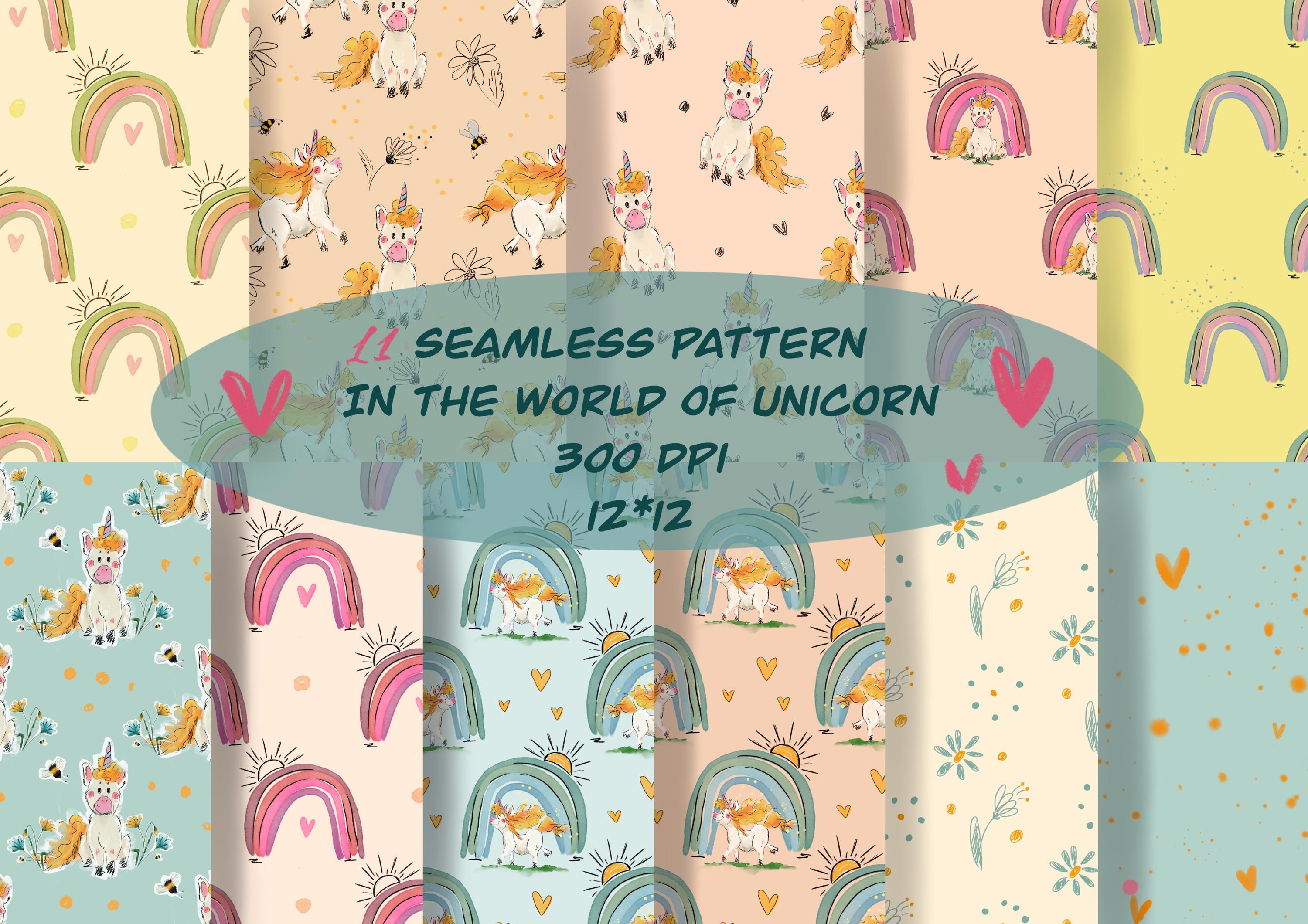 Watercolor Unicorns digital paper pack, Rainbow Unicorns, Clouds, Seamless Pattern, unicorn scrapbook, unicorn printables paper designs