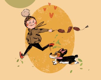 Cute welsh corgi dog  and running girl PNG pint, Shirt PNG, Kids clothing design, Kids PNG print