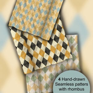 Könnte beinhalten: Vier handgezeichnete, nahtlose Muster mit Rauten in verschiedenen Farbschemata. Die Muster umfassen gelbe, schwarze, blaue und grüne Rautenformen. Das Bild enthält auch den Text "4 Hand-drawn Seamless patterns with rhombus" und "300 DPI JPEG".