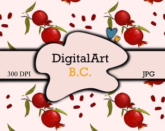 Watercolor Pomegranate Seamless Pattern: Fruit Digital Paper (JPG Digital Download)