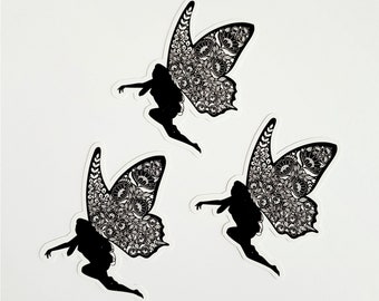 Folk art fairy stickers x 3 | Magic girl stickers, fantasy vinyl sticker, fae, farie, magical, black and white stickers. laptop sticker