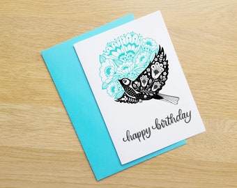 Happy Birthday Floral Bird card | folk bird | floral folk art | hand drawn | flowers, A6