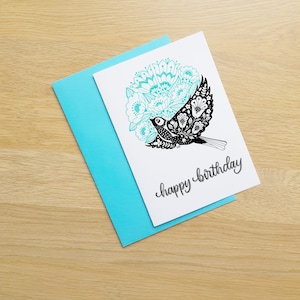 Happy Birthday Floral Bird card | folk bird | floral folk art | hand drawn | flowers, A6