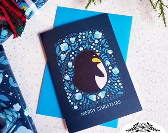 Penguin Christmas Card - Winter holidays, seasonal greetings, christmas tree, pretty florals