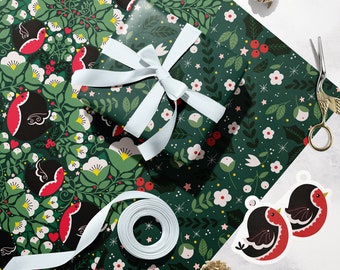 Robin Wrapping paper, christmas gift wrap, festive woodland wildlife, holly, luxury recyclable holiday paper, tags and full paper, 50 x 70cm