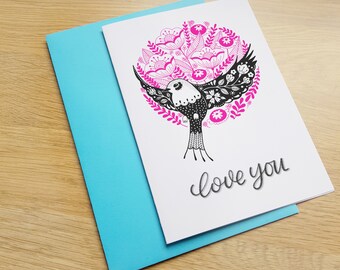 Love You Card Floral Bird A6 | Thanks card | folk bird | floral folk art | hand drawn | flowers, gratitude.