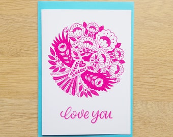 Love You Anniversary Card Floral Bird A6 | Thanks card | folk bird | floral folk art | hand drawn | flowers, gratitude.