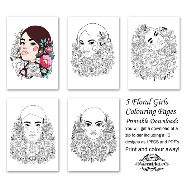Lot de 5 Coloriages Téléchargement, coloriage adulte, A4, PDF, Page imprimable fleur femme coloriage, timbre numérique, joli visage de fille