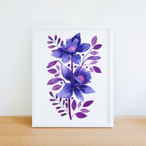 Purple Floral illustration, folk art inspired flower watercolour painting. Digital print, A4