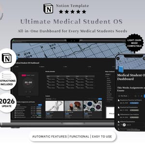 May include: A digital Notion template for medical students displayed on a laptop and smartphone screen. The interface features a dark mode dashboard with a weekly schedule, course modules, and assignment trackers labelled Medical Student OS.