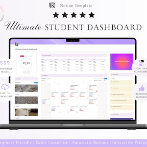 May include: A digital Notion template titled Ultimate Student Dashboard displayed on a laptop screen. The interface features a weekly schedule, a calendar with tasks, a timer widget, and a study playlist section with a purple and orange gradient.