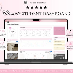 May include: A laptop screen displaying an Ultimate Student Dashboard Notion template with a pink and white interface. The dashboard includes a weekly schedule, to-do list, calendar, and widgets. Text includes Notion Template, Ultimate Student Dashboard, and various feature labels.