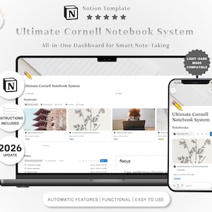 May include: A digital Notion template titled Ultimate Cornell Notebook System displayed on a laptop and smartphone screen. The interface features a dashboard for note-taking with notebook entries, icons, and text. Includes a 2026 update badge.