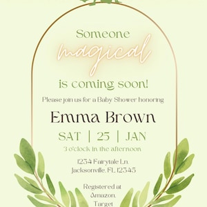 Enchanted Forest Green Baby Shower Invitation Template | Woodland Baby Shower | Boho Shower | Fairy Theme | Baby Girl Celebration | Canva