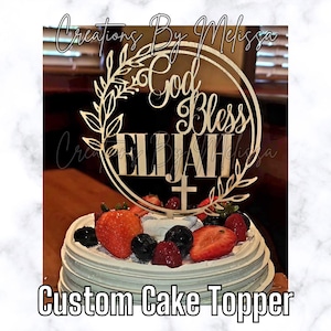 Personalized Baptism Cake Topper with Wreath and Cross, Custom Christening Cake Topper, Floral God Bless Cake Topper, First Communion Topper