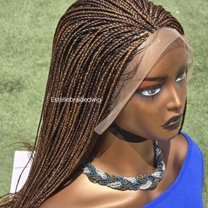 May include: A brown and black braided wig with a lace front. The wig is styled in small, thin braids. The wig is on a mannequin head with a black choker necklace and a blue shirt.