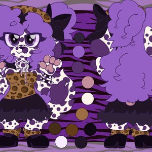 May include: Cartoon illustration of a character with purple hair and white spots. The character wears a leopard print top and skirt, black shoes, and a pearl necklace. The background is purple with a zebra stripe pattern.
