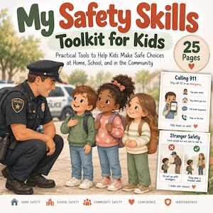 May include: A 25-page My Safety Skills Toolkit for Kids educational guide featuring an illustration of a police officer interacting with three children. The cover includes instructional text on calling 911 and stranger safety with icons.