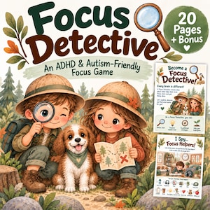 May include: Focus Detective game featuring two children in explorer hats with a puppy, a magnifying glass, and a map. The set includes 20 pages plus bonus content, with instructional sheets showing game activities like I Spy and Focus Helpers.
