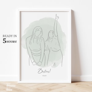 Minimalist Line Art Best Friend Portrait, Custom Digital Outline Drawing, Thoughtful Gift for Best Friends, Friendship & Memories