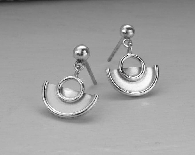 Half circle stud earrings with dangling hoops – Modern design in handmade silver