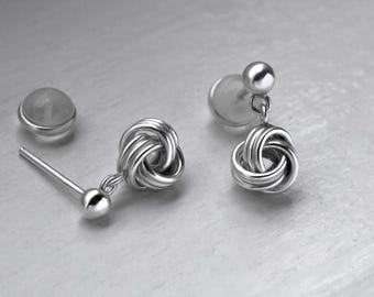 Minimalist button knot silver dangle earrings, elegant and lightweight