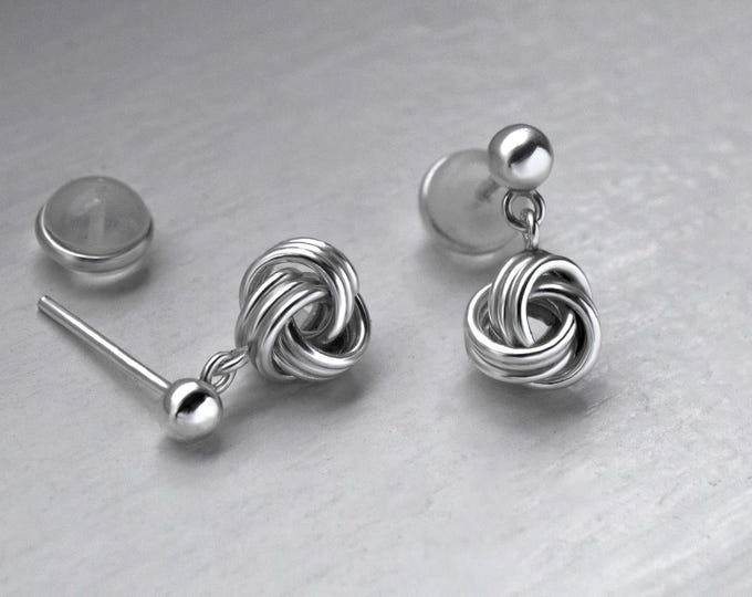 Minimalist button knot silver dangle earrings, elegant and lightweight