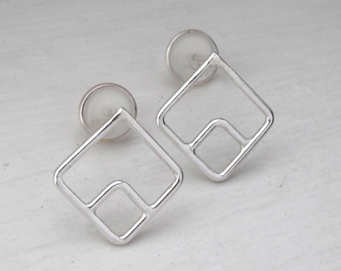 Geometric Silver Earrings, Modern Double Square, Minimalist Jewelry, Women's Earrings, Silver Accessories.