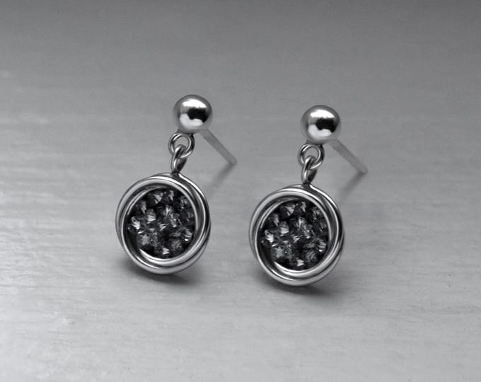 Stud earrings with intertwined circles and mini crystals, elegant handmade jewelry