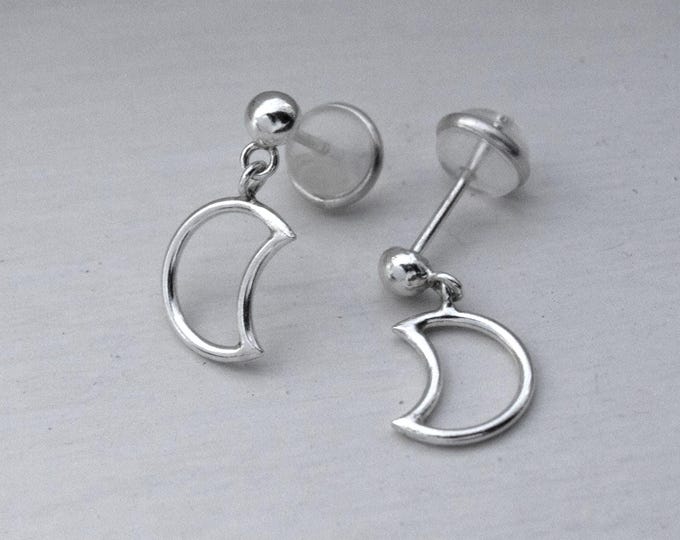 925 Silver Dangle Moon Stud Earrings – Minimalist and Celestial Jewelry, Fine Jewelry, Silver Accessories, Bohemian.