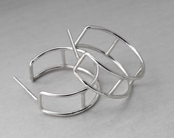 Elegant half hoop earrings, silver earrings, minimalist silver jewelry, women's earrings, silver accessories.