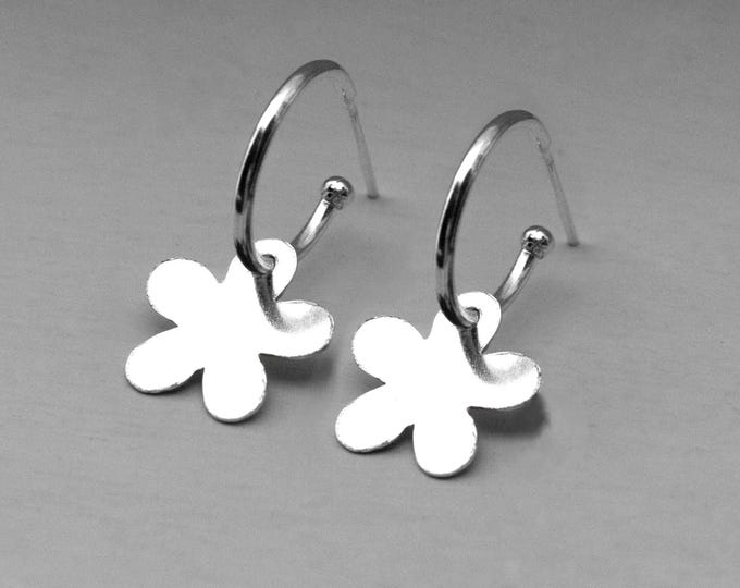 Silver hoop earring with flower charm – Delicate and feminine handmade dangle earring