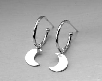 Silver hoop with moon charm – Handmade minimalist dangle earring
