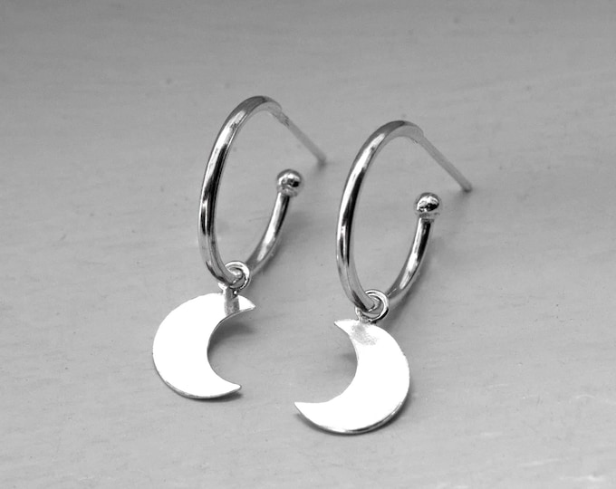 Silver hoop with moon charm – Handmade minimalist dangle earring
