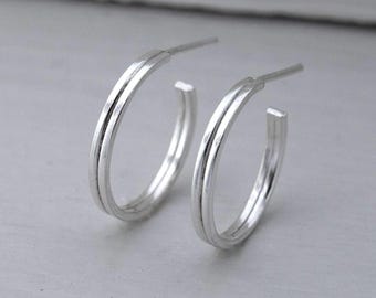 Double half hoop earrings, women's earrings, silver jewelry, fine jewelry, fashion earrings, minimalist silver earrings.