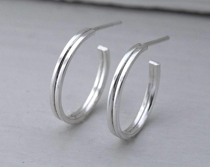 Double half hoop earrings, women's earrings, silver jewelry, fine jewelry, fashion earrings, minimalist silver earrings.