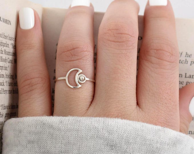 Moon and sun ring, minimalist sterling silver ring.
