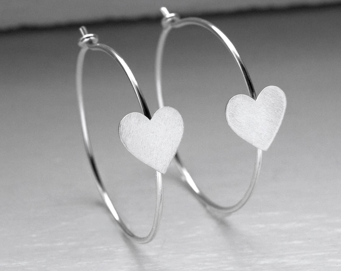 Silver Heart Detail Hoop Earrings Minimalist Fine Jewelry
