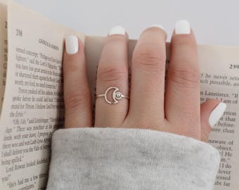 moon and sun ring, minimalist silver ring, bohemian ring, women's ring, gift for women, magic ring, silver rings.